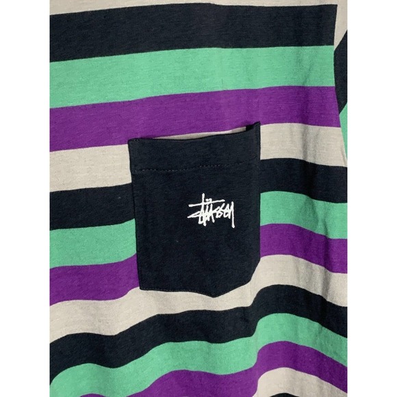 Stussy Long Sleeve Purple Green Striped Pocket T-Shirt Large EUC - Picture 3 of 7